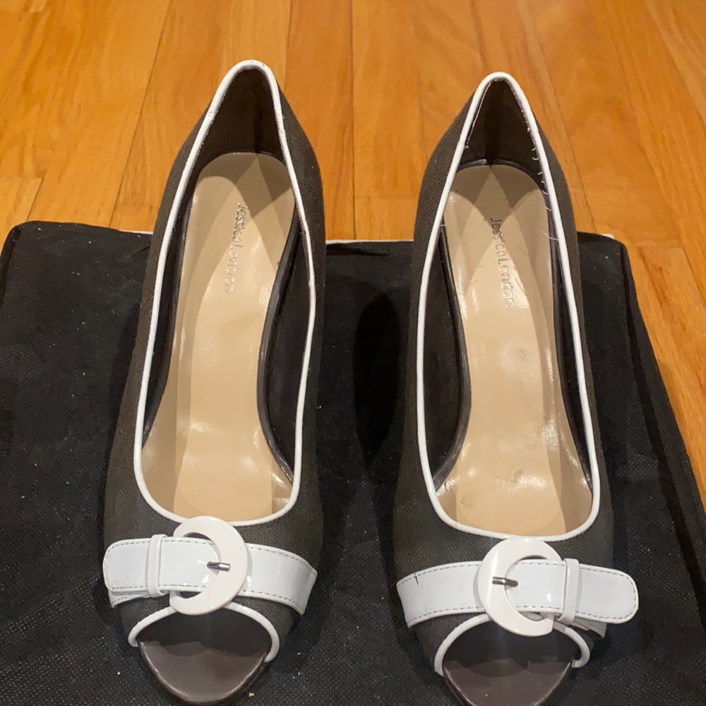 Brown and White Peep Toe Heels